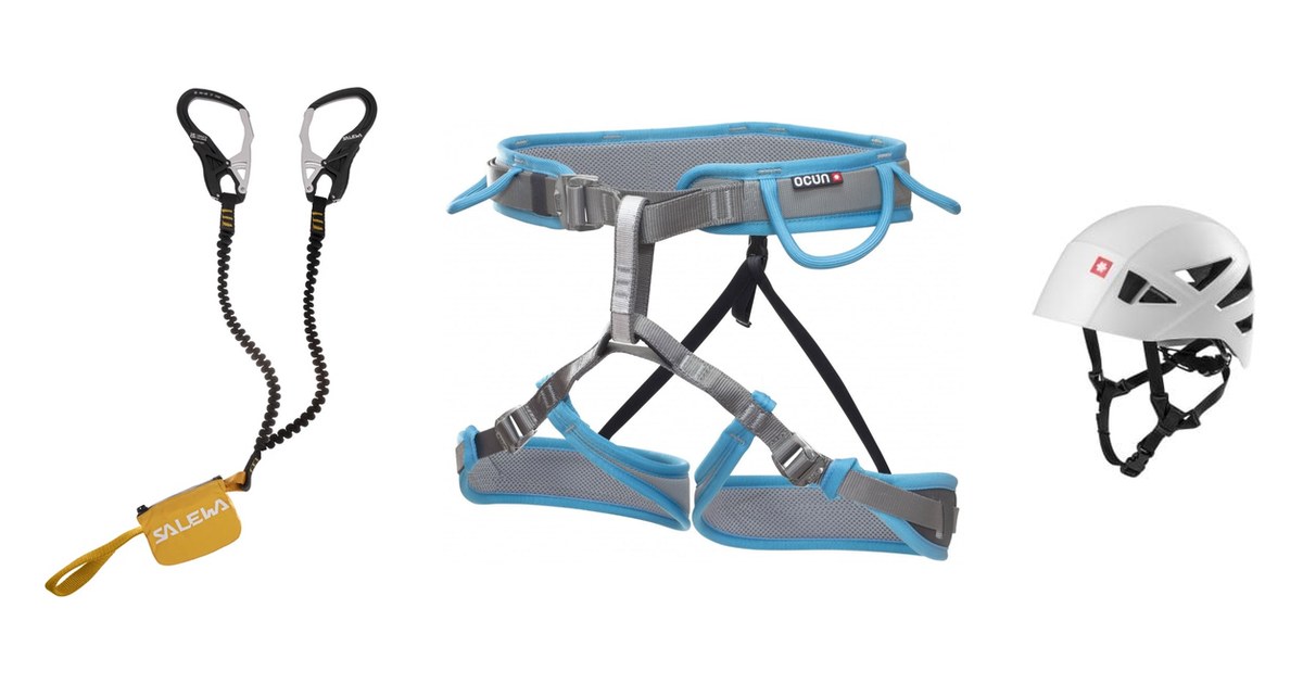 Complete via ferrata set: energy-absorbing lanyard, climbing harness and helmet